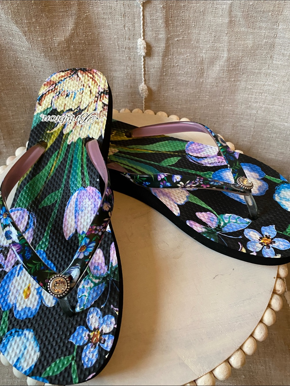 Brighton Black Floral Flip Flop Sandals with Purple Accents nior Garden
